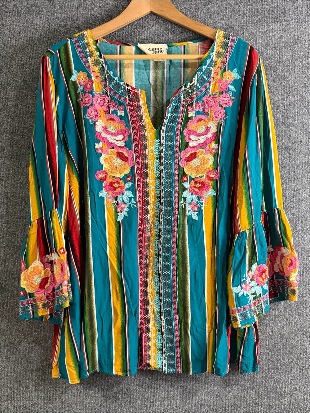 Savanna Jane Womens 3X Teal Multi Stripe Floral Embroidered Bell Sleeve Top Boho